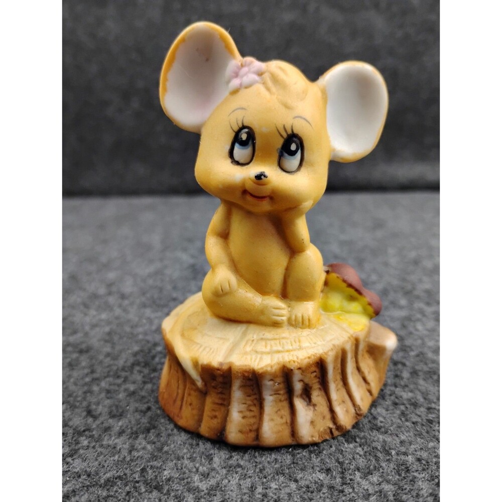 Vintage UCGC Mouse Figurine on Tree Stump with Mushrooms Anthropomorphic